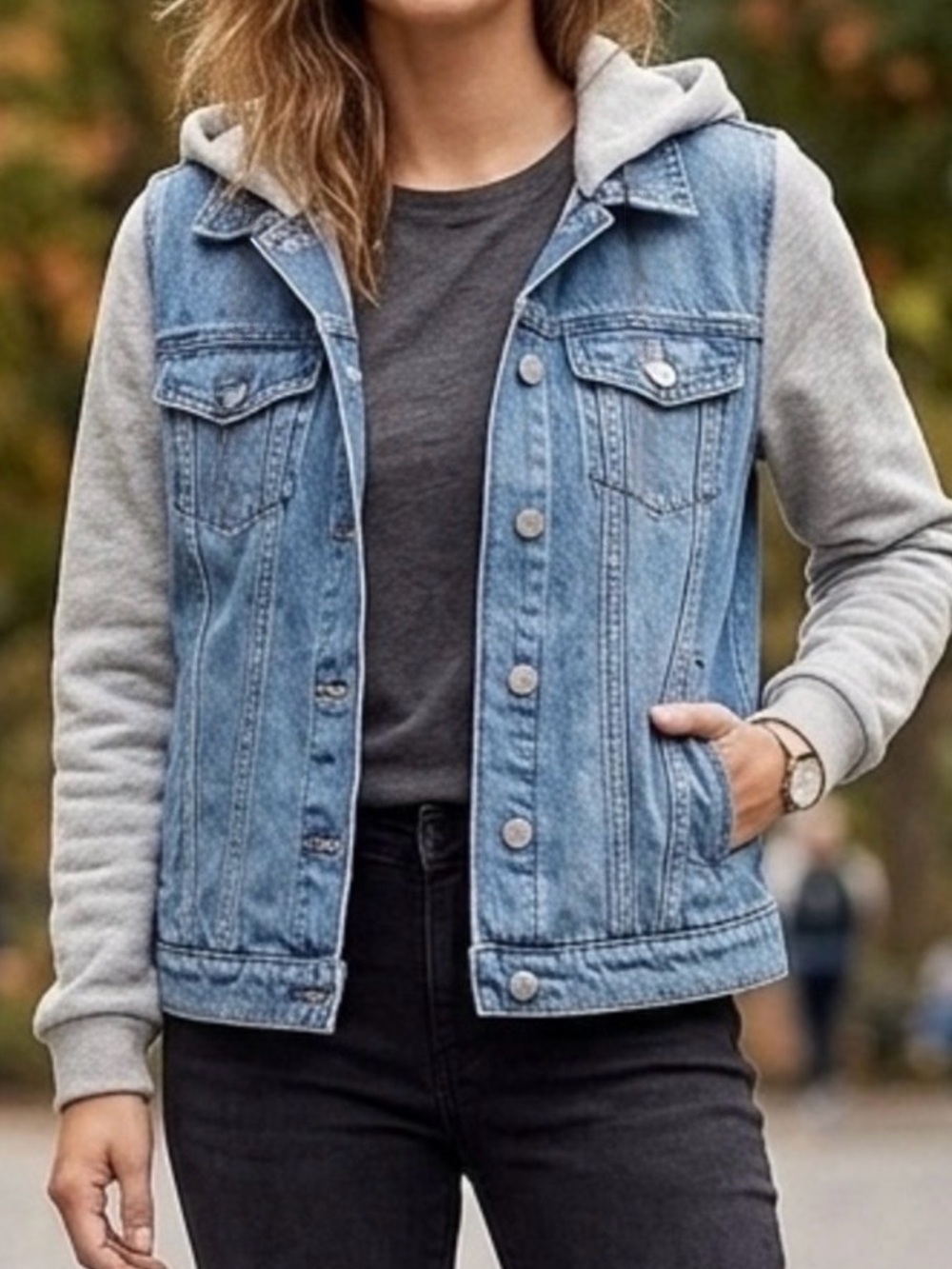 NWOT Hollister Light Blue Denim Jean Jacket with Gray Hoodie and Sleeves